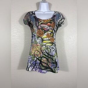 VTG 00’s Y2K Wet Seal Rhinestone Winged Heart Roses Tattoo Tee Shredded Back S/M